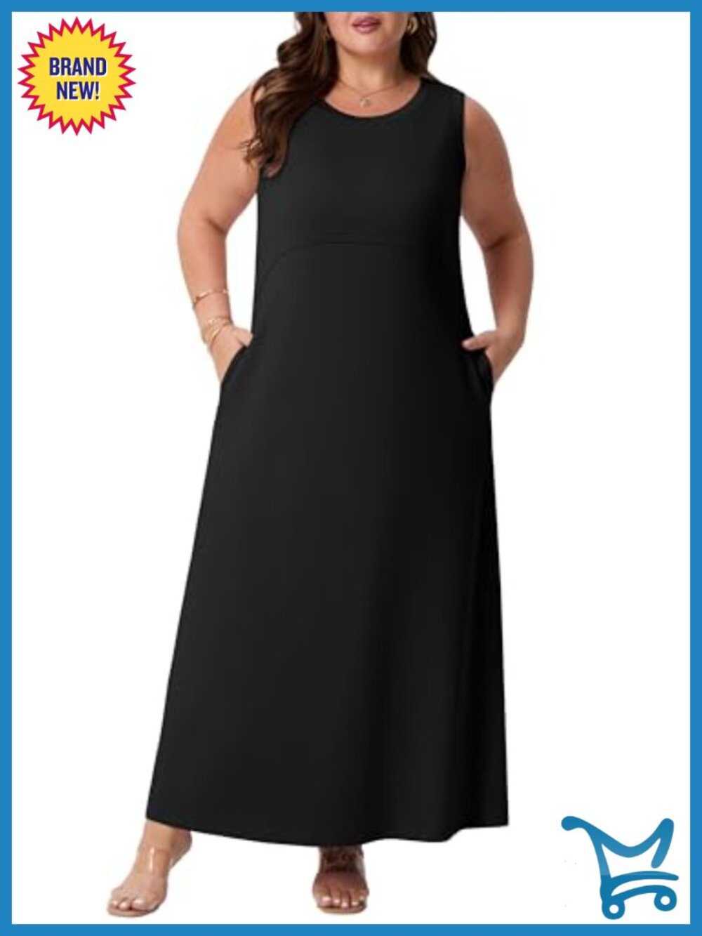 Plus Size Maxi Dress Sleeveless Long Sundress with Pockets Empire Waist